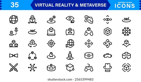Versatile VR and Metaverse Icons. Line Art Graphics for Augmented Reality, Virtual Worlds, and Digital Interaction