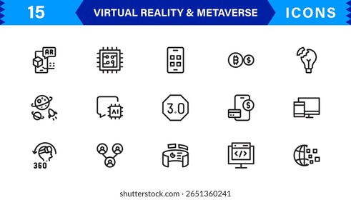 VR versátil e ícones metaversos. Gráficos de última geração para realidade aumentada, mundos virtuais e interação digital