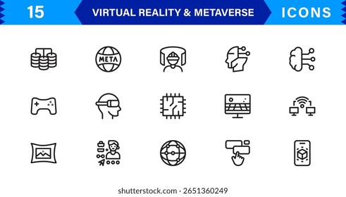 VR versátil e ícones metaversos. Gráficos de última geração para realidade aumentada, mundos virtuais e interação digital