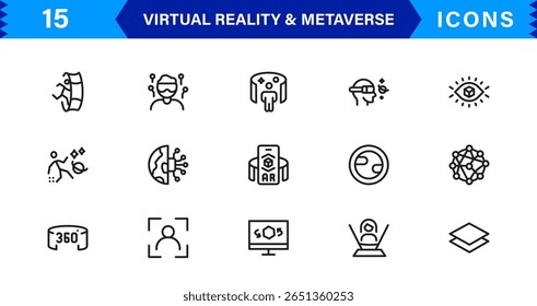 VR versátil e ícones metaversos. Gráficos de última geração para realidade aumentada, mundos virtuais e interação digital