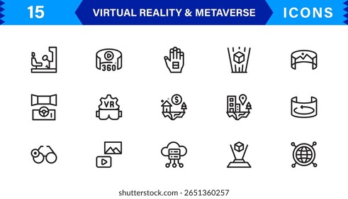 VR versátil e ícones metaversos. Gráficos de última geração para realidade aumentada, mundos virtuais e interação digital