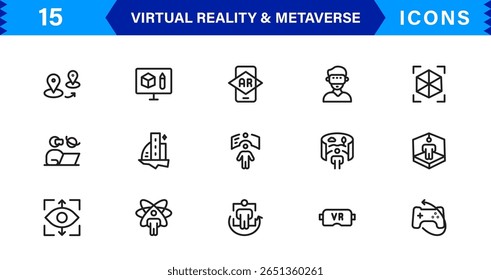 VR versátil e ícones metaversos. Gráficos de última geração para realidade aumentada, mundos virtuais e interação digital