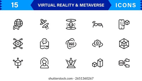 VR versátil e ícones metaversos. Gráficos de última geração para realidade aumentada, mundos virtuais e interação digital