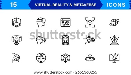 Versatile VR and Metaverse Icons. Line Art Graphics for Augmented Reality, Virtual Worlds, and Digital Interaction