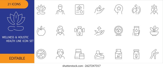 A versatile wellness line icon set featuring meditation, yoga, mental health, nutrition, and self-care symbols. Ideal for apps, infographics, and branding projects.