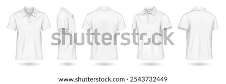 Versatile white polo shirts mockup design realistic vector illustration set. Casual attire with copy space 3d models on white background