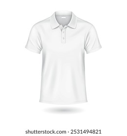 Versatile white polo t-shirt mockup realistic vector illustration. Casual clothing from cotton template 3d model on white background