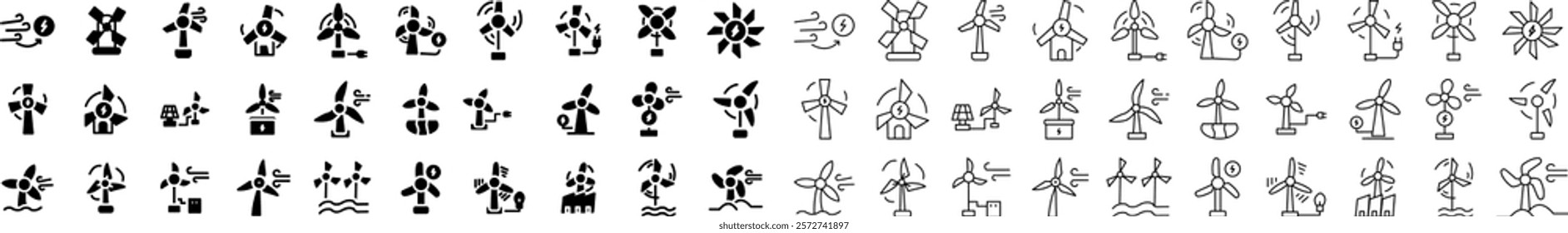 A versatile wind energy icon set featuring of wind turbines, renewable energy symbols, and eco-friendly concepts. Perfect for clean energy, sustainability, and green technology themes.