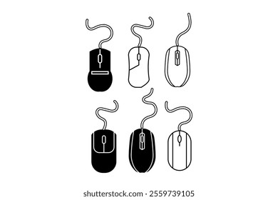 Versatile Wired Computer Mouse Vector Collection for Web and Print Projects, computer mouse, mouse clipart, computer accessories, tech gadgets, tech clipart, minimalist design, visual assets