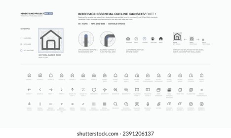 VERSATILINE PROJEKT Nr. 001 - Interface essenzielle Umrisssymbole - Teil 1. Entwickelt für vielseitige Anwendungsfälle. Befolgen Sie alle OS- und Web-Standards. Must-have Icons für Web- und mobile App UI UX. 