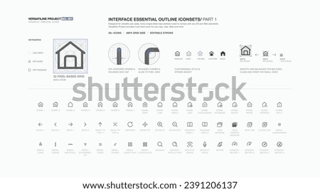 VERSATILINE PROJECT No. 001 -  Interface essential outline icon sets - Part 1. Designed for versatile use cases. Comply with any OS and Web standards. Must-have icons for web and mobile app UI UX. 