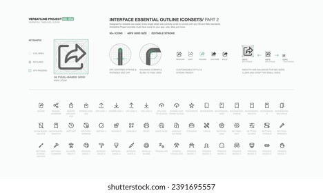 VERSATILINE PROJECT No. 002 -  Interface essential outline icon sets - Part 2. Designed for versatile use cases. Comply with any OS and Web standards. Must-have icons for web and mobile app UI UX. 