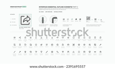 VERSATILINE PROJECT No. 002 -  Interface essential outline icon sets - Part 2. Designed for versatile use cases. Comply with any OS and Web standards. Must-have icons for web and mobile app UI UX. 