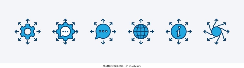 Vielseitigkeit und Flexibilität - Symbolsatz. Fleksibilitas und Vielseitiges Icon. Pfeilrichtung mit Gangeinstellungen, Sprechchatblase, Hinweisschild, Weltkugellinie. Vektorgrafik
