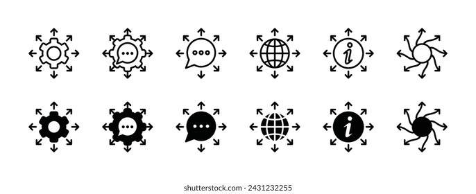 Vielseitigkeits-Symbolsatz. Fleksibilitas und Vielseitiges Icon. Pfeilrichtung mit Gangeinstellungen, Sprechchatblase, Hinweisschild, Weltkugellinie. Vektorgrafik