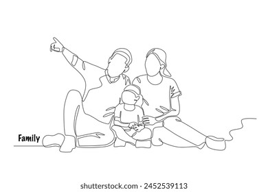 A verse that shows something to his children and wife. Family concept one-line drawing