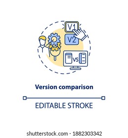 Version comparison concept icon. Software feature idea thin line illustration. Product development. Differences highlighting. Updates. Vector isolated outline RGB color drawing. Editable stroke