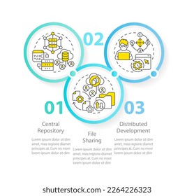 Version control advantages circle infographic template. Data visualization with 3 steps. Editable timeline info chart. Workflow layout with line icons. Myriad Pro-Regular fonts used