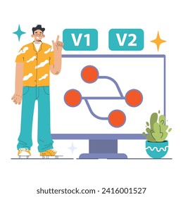 Version Control concept. Trendy developer showcasing progression from V1 to V2 on a monitor, highlighting software updates. Seamless project revisions. Flat vector illustration