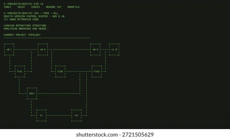 Diagrama de control de versiones en una vieja superposición de pantalla CRT verde retro vintage con algún texto del sistema. Texto retro verde en pantalla negra con diagrama. Superposición de pantalla retro de los años 80 16:9 con líneas Horizontales.