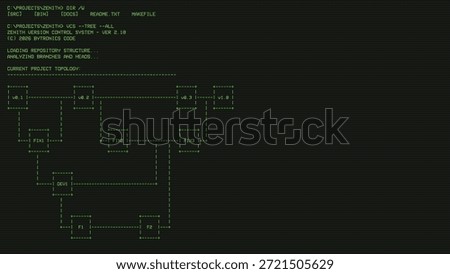 Version control diagram on a vintage retro old green CRT screen overlay with some system text. Green retro text on black screen with diagram. 80's retro display overlay 16:9 with horizontal lines.