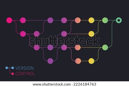 Version control gradient on dark. Source control and development process. Infographic template with multiple steps and branches of development. Main stages with speech bubbles for dev template.