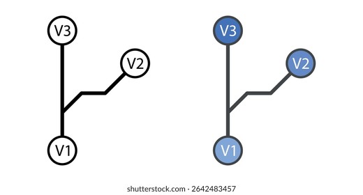 Ícone de controle de versão com setas ramificadas e pontos de confirmação, em estilos de estrutura de tópicos e cores, ideal para ilustrar o gerenciamento de código-fonte, a colaboração e o controle de versão de software.