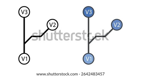 Version control icon with branching arrows and commit dots, in outline and color styles, ideal for illustrating source code management, collaboration, and software versioning.