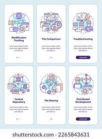 Version control system benefits onboarding mobile app screens set. Walkthrough 3 steps editable graphic instructions with linear concepts. UI, UX, GUI template. Myriad Pro-Bold, Regular fonts used
