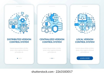 Version control systems types blue onboarding mobile app screen. Walkthrough 3 steps editable graphic instructions with linear concepts. UI, UX, GUI template. Myriad Pro-Bold, Regular fonts used