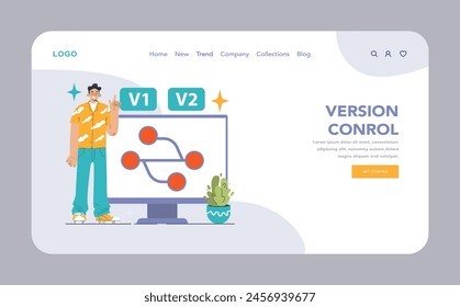 Version Control web or landing. Trendy developer showcasing progression from V1 to V2 on a monitor, highlighting software updates. Seamless project revisions. Flat vector illustration