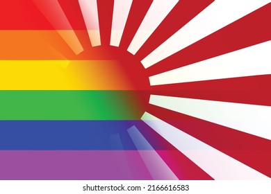 A version of the Japanese Flag with LGBTQ flag rainbow overlay