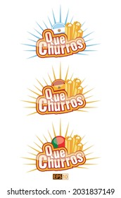 Versions of an editable logo of Spanish, Portuguese and Argentinian cuisine, featuring Churros, a type of popular fried dough delicacy with the title 'Que Churros' which can also mean 'What luck!'