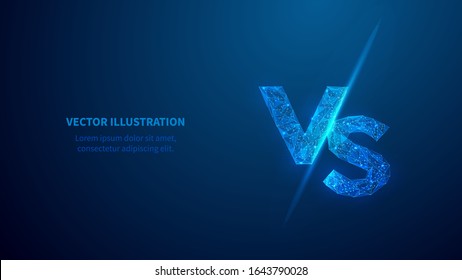  Versus. Signo abstracto VS. Ilustración de la tecnología digital con estructura alambrada baja. Dos letras aisladas V y S sobre fondo azul de innovación. Concepto de competencia o lucha. Polígonos y puntos conectados.
