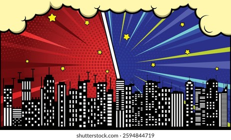 versus background template cartoon style with cloud, star and city silhouette.