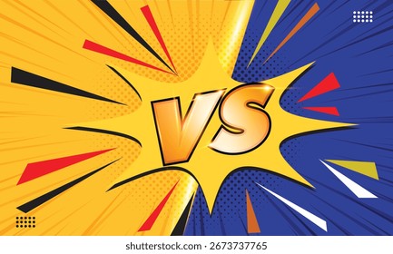 Versus Anuncio con fondo azul y amarillo. Plantilla de cricket para el partido de la batalla del equipo. Versus pantalla. Fondo de pantalla de estilo cómico, marco cómico.