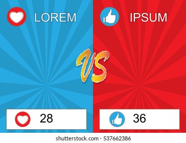 Versus banner in comic pop art style with like and heart buttons.  Vector illustration