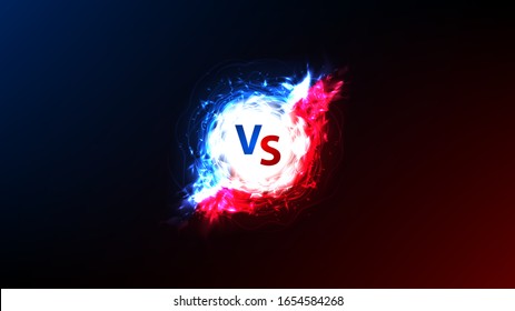 Frente a un cartel con efecto de energía. Ilustración vectorial con bola de energía brillante con efecto fiero. Símbolo VS sobre fondo azul oscuro y rojo.