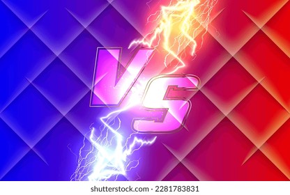 Versus banner with fire sparkling and lightning strikes, isolated on red and blue background, easy to edit. Vector.