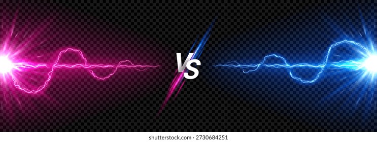 Versus banner com efeito de tempestade brilhante. Tela VS com raios brilhantes colorido azul e rosa. Colisão de energia de parafuso isolada em fundo quadriculado escuro. Choque relâmpago versus conceito.