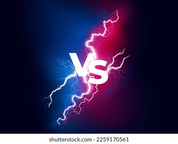 Versus banner. Lightning strikes. Confrontation template, vs battle or fight concept. Red and blue colors. Flash light thunderbolt spark. Realistic transparent neon light. Vector illustration eps10.