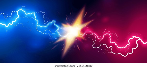 Versus banner. Lightning strikes. Confrontation template, vs battle or fight concept. Red and blue colors. Flash light thunderbolt spark. Realistic transparent neon light. Vector illustration eps10.