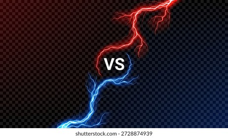 Versus Anuncio con efecto de tormenta. Pantalla VS con potentes rayos de color azul y rojo. Colisión de energía del perno aislado en el fondo a cuadros oscuro. Choque de relámpago versus concepto.