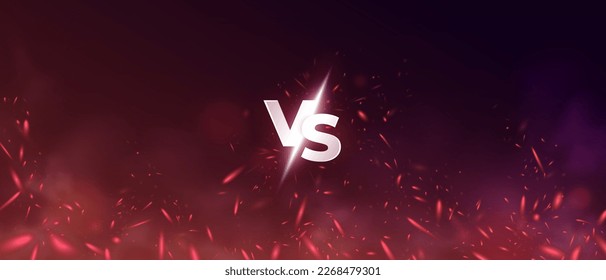 Versus banner. VS concept. Smoke from the fire with sparks. Red color. Fog backgorund. Isolated transparent mist or smog effect. Raised dust. Clouds. Realistic template. Vector illustration eps10.