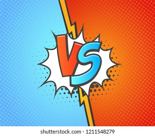 Versus battle background template vector illustration. Blue vs red with explosion cloud pop art style