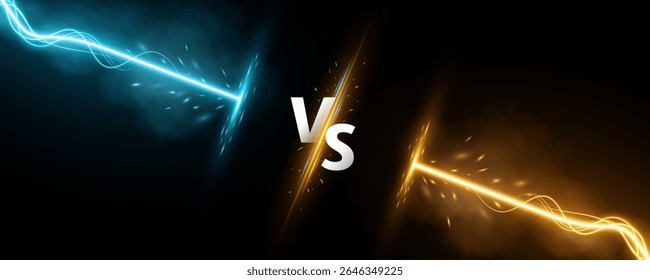 Versus conceito de bandeira de batalha com letras VS e relâmpago brilhante choque em fundo preto. Feixes de energia para a luta MMA, jogos, streaming ou competições esportivas. Ilustração vetorial.