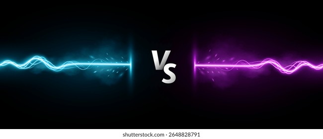 Versus conceito de bandeira de batalha com letras VS e relâmpago brilhante choque em fundo preto. Vigas de energia para lutas, jogos, streaming ou competições esportivas. Ilustração vetorial.