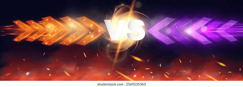 Versus battle banner concept for MMA, fight night, boxing, and other competitions. Blank template with glowing VS letters in the center, surrounded by sparks, flying coals, smoke, and mesh netting, cr