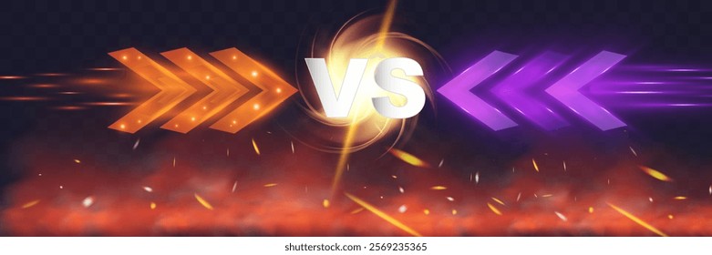 Versus battle banner concept for MMA, fight night, boxing, and other competitions. Blank template with glowing VS letters in the center, surrounded by sparks, flying coals, smoke, and mesh netting, cr