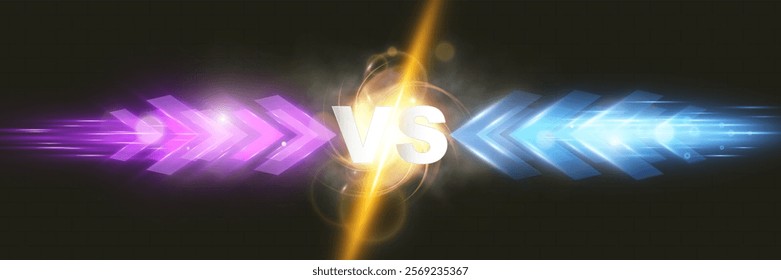 Versus battle banner concept for MMA, fight night, boxing, and other competitions. Blank template with glowing VS letters in the center, surrounded by sparks, flying coals, smoke, and mesh netting, cr